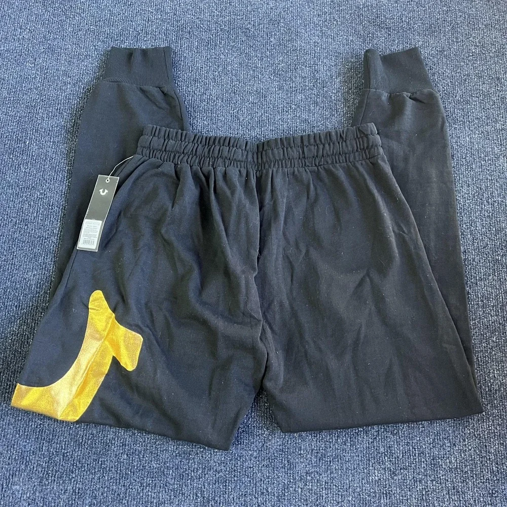 True Religion‎ Pants Mens Small Black Joggers Loungewear Gold Logo Sweatpants